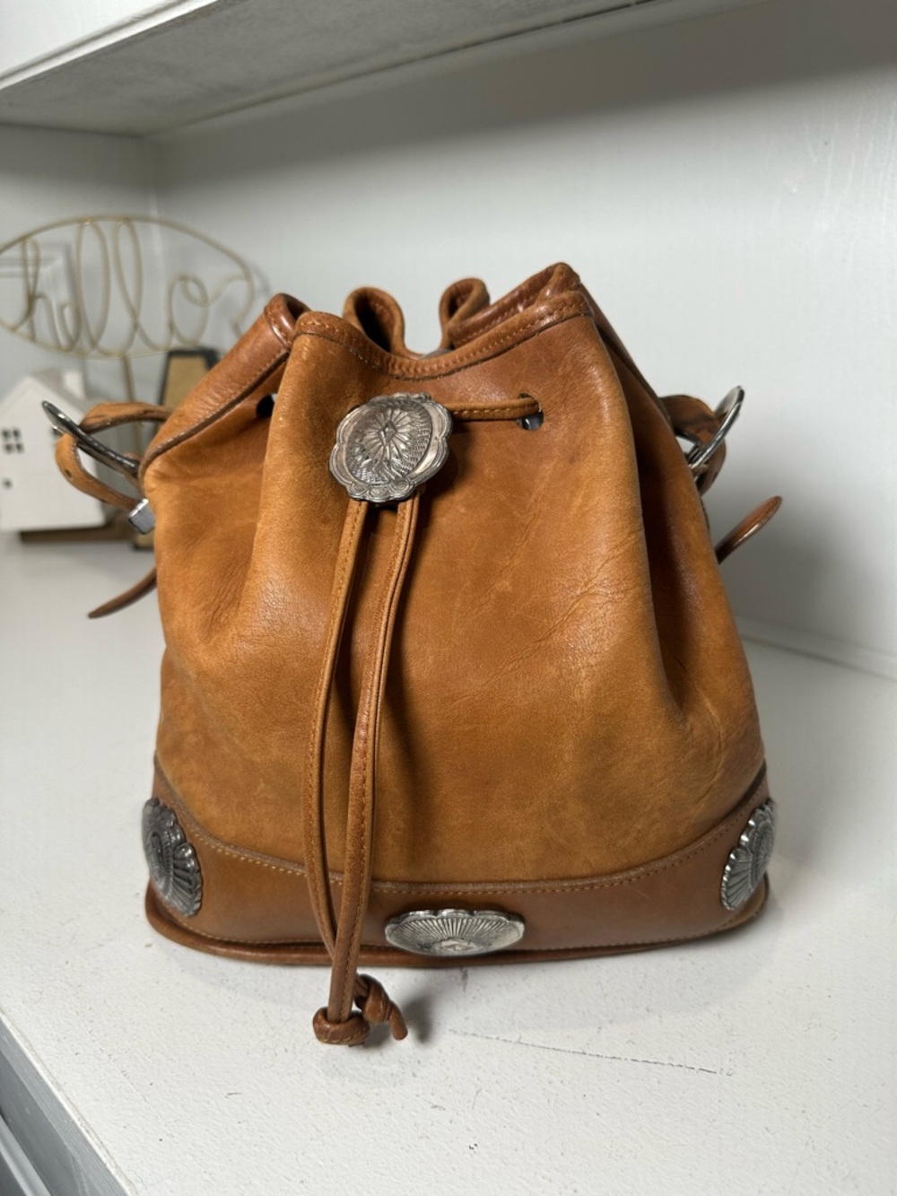 Brighton Tan Leather Drawstring Bucket Bag with Silver Conchos